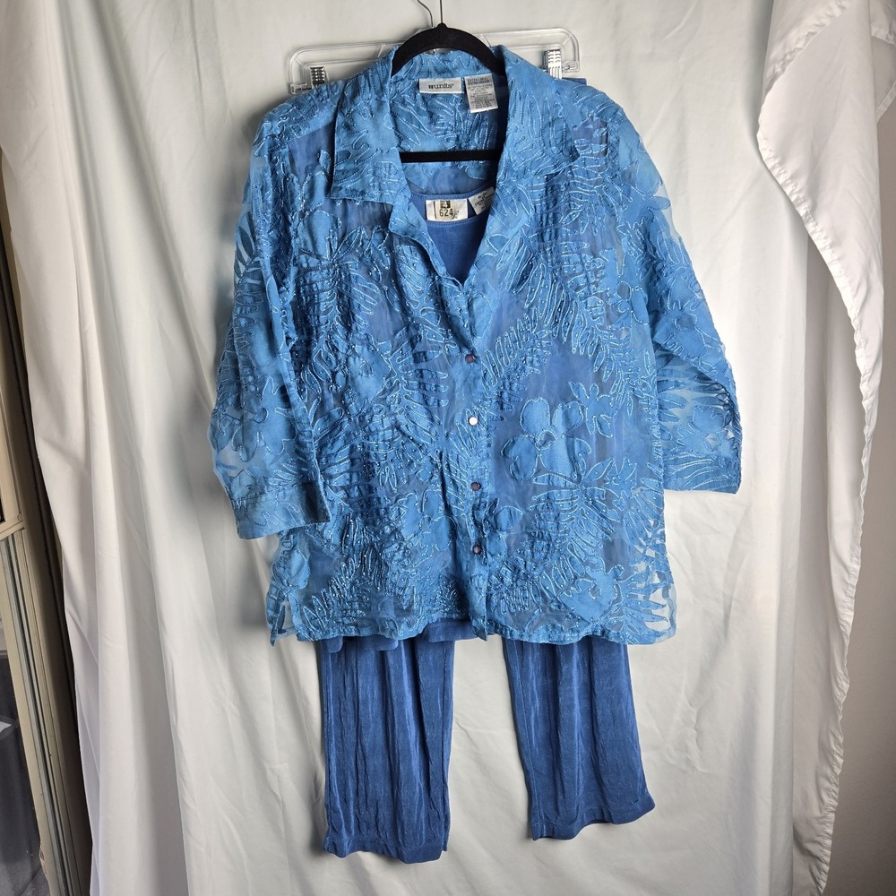 3 Pc Set Vintage 90s Units Jacket Tank Pants Womens XL Blue Embroidered Beaded